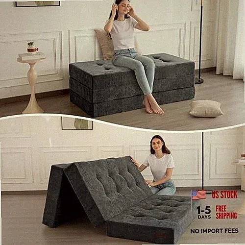 6" Folding Sofa Bed for Floor, Tufted Tri-Fold Floor Mattress Queen Dark Grey