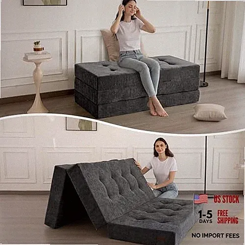 6" Folding Sofa Bed for Floor, Tufted Tri-Fold Floor Mattress Twin Dark Grey