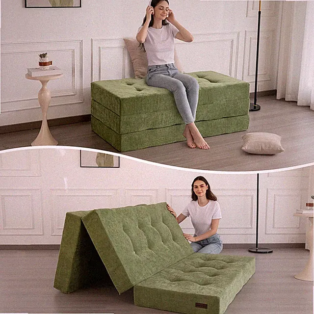 6" Folding Sofa Bed for Floor, Tufted Tri-Fold Floor Mattress with Chenille F...