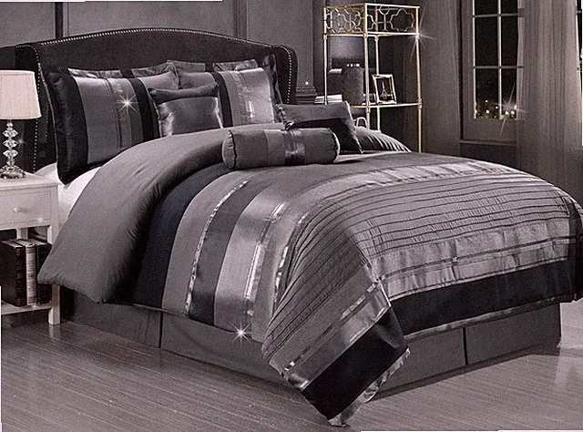 7-Piece Queen Chenille Comforter Set Grey/Silver Stripe 94x92