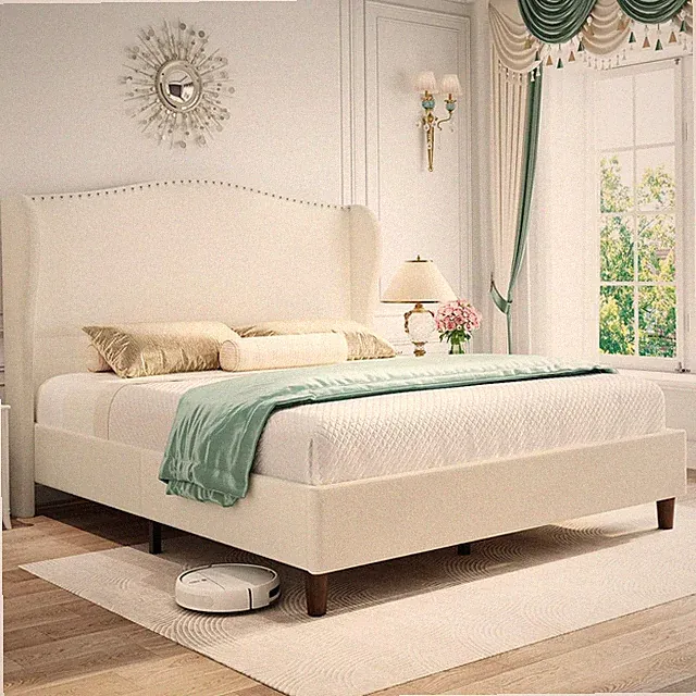 Beige Queen Chenille Bed Frame with Tall Wingback Headboard, No Box Spring Neede