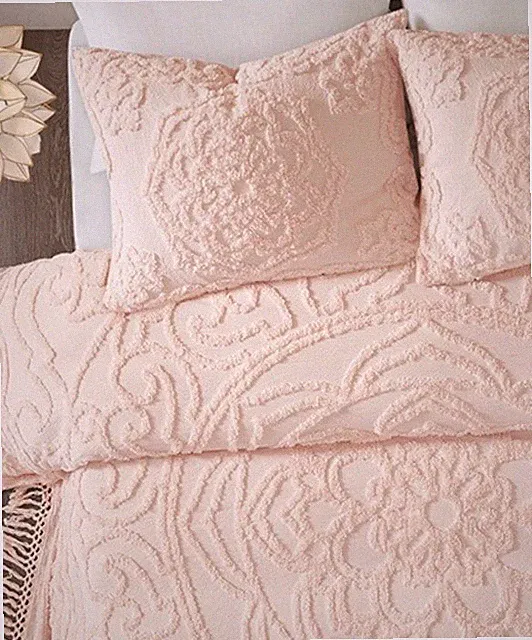 BLUSH PINK CHENILLE 3p Queen COVERLET SET : VINTAGE STYLE COTTON FRINGE
