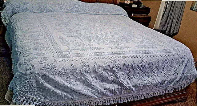 Chenille Bedspread MCM Pale Blue Fringe Trim Restore or Cutter Approx 100"x96"