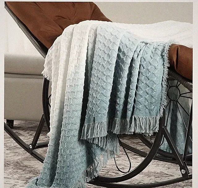 Chenille Gradient Colors Throw Blanket - Soft Cozy Knitted Fringe Tassel Throw