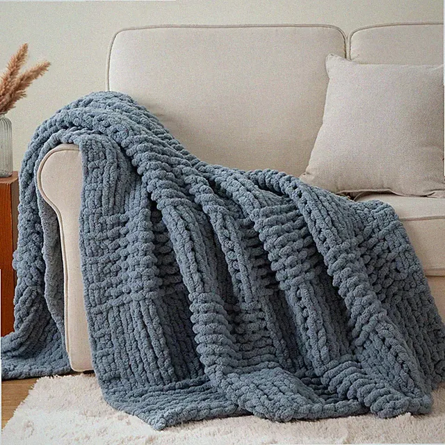 Dusty Blue Throw Blanket, Handmade Chenille Cable Chunky Knit Throw 50"x60"