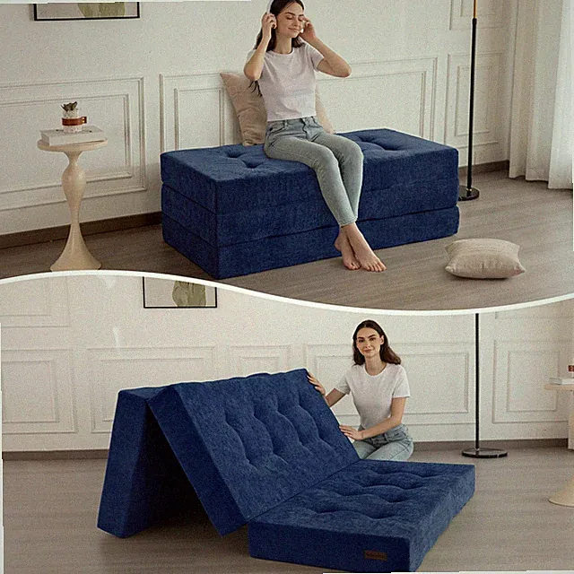 Folding Sofa Bed Twin 35.4 x75 Tufted Chenille Portable Floor Mattress Navy