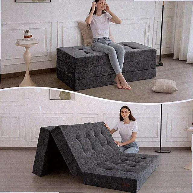 Folding Sofa Bed Twin 35.4 x75 Tufted Portable Floor Mattress Dark Grey Foldable
