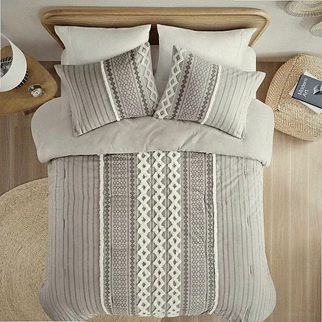 Ink+Ivy 3pc Full/Queen Imani Cotton Printed Comforter Set with Chenille Gray