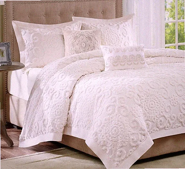 IVORY CHENILLE Full Queen COMFORTER SET : CREAM COTTAGE VINTAGE SCROLL