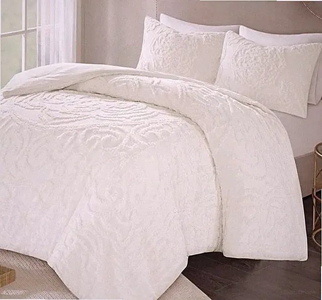 IVORY CHENILLE VINTAGE PLUSH COTTON 3pc COMFORTER SET: Queen, King or Cal King