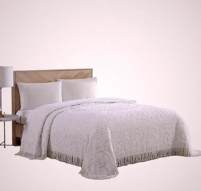 Kitchen Queen Medallion Chenille Bedspread Vintage White Cotton Bedding 100%