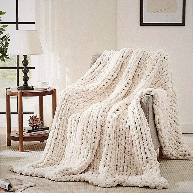 LAGRATY Chunky Knit Blanket Throw,Soft Chenille Yarn Throw 50X60,Handmade Th...