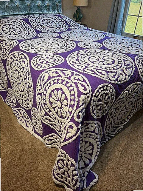Large King Size Vintage Chenille Coverlet Purple & White 126 x 124"