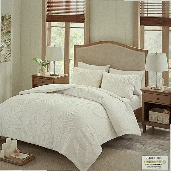 Madison Park Bahari 3 Piece Tufted Cotton Chenille Palm Comforter Set FULL/QUEEN