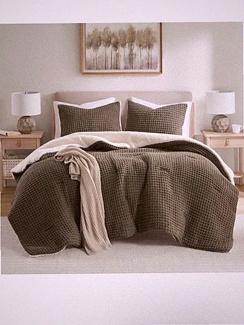 Madison Park Queen Comforter Set Cotton Chenille Waffle (Brown)