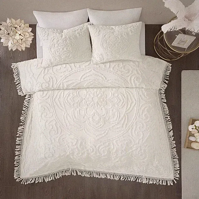 Off White Chenille Medallion Fringe 3 pc Cotton Quilt Set Queen King Coverlet