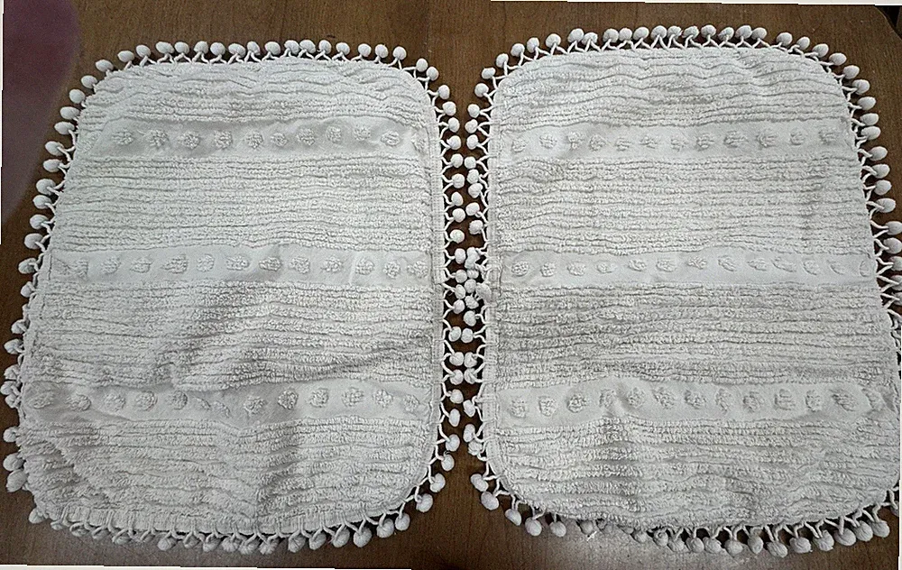 PAIR OF VINTAGE IVORY / ECRU CHENILLE POM POM FRINGED STANDARD PILLOW SHAMS