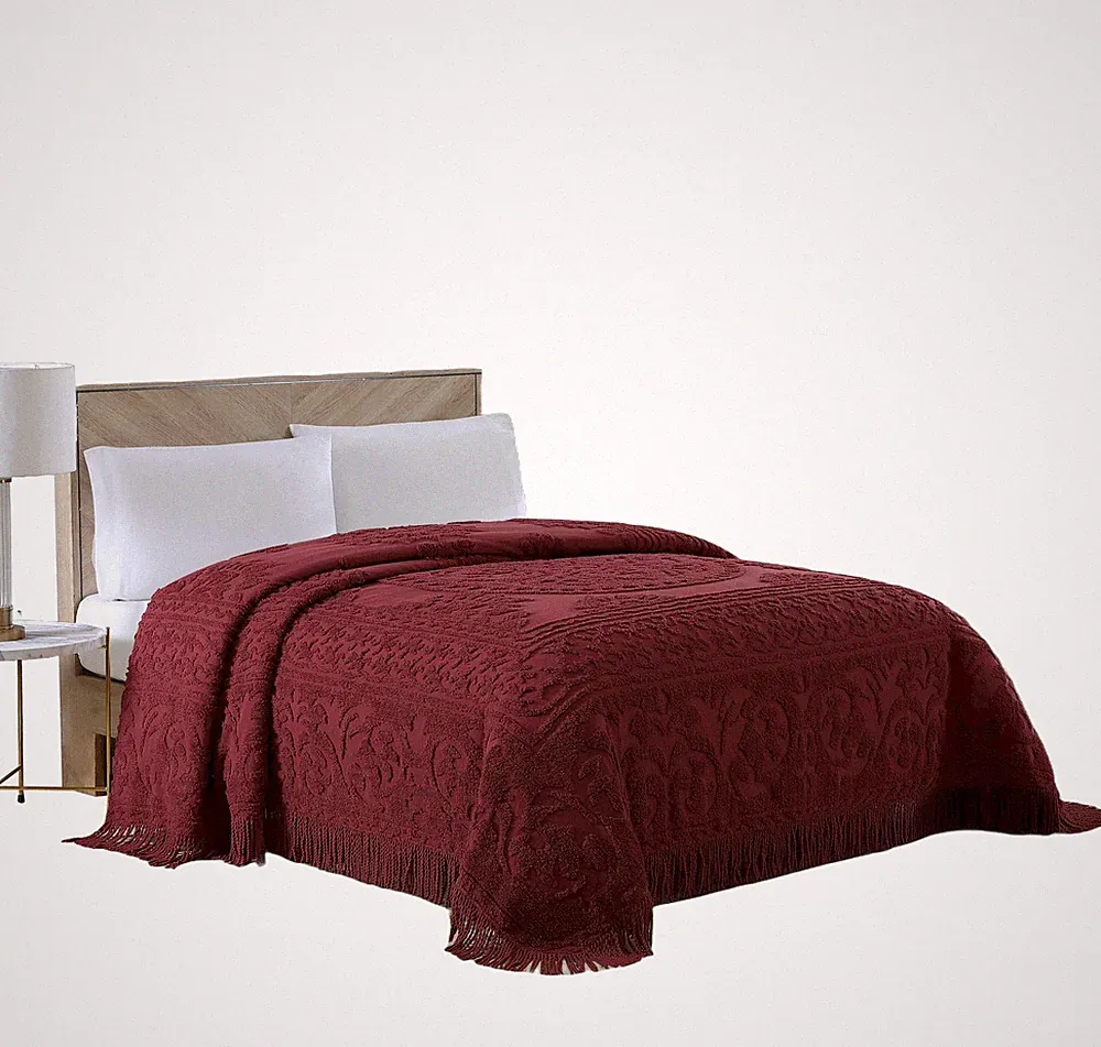 Queen Burgundy Chenille Medallion Bedspread - Elegant Home Bedding