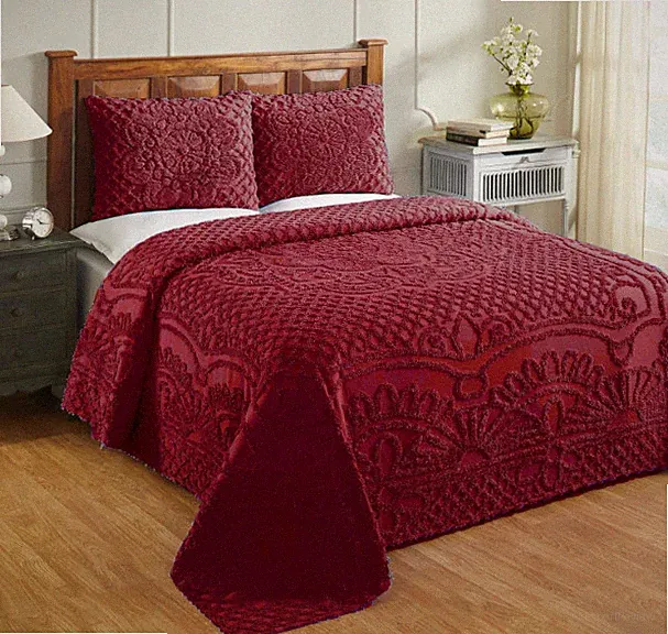 RARE! 100% Cotton Chenille, Coverlet Bedspread Full Size 96" x 110", Burgundy