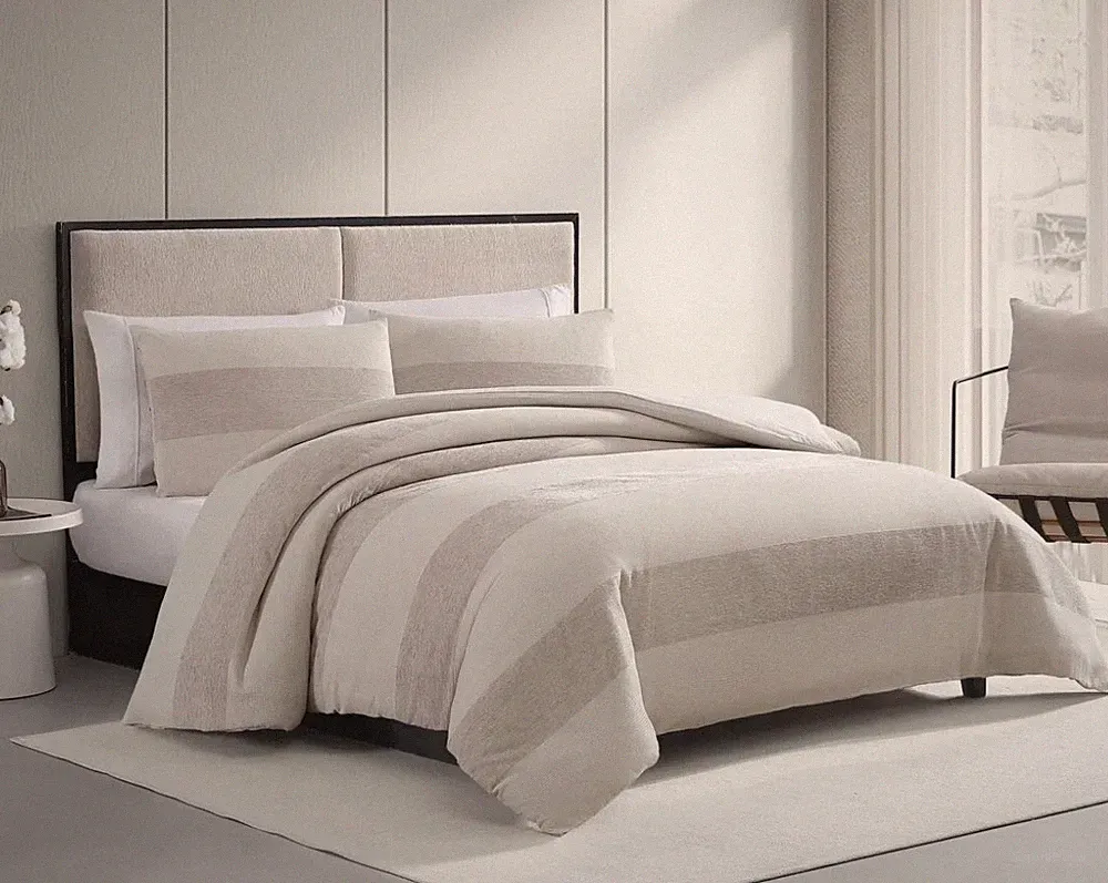 Vera Wang Chenille Waffle Stripe Beige Duvet Cover Set - KING