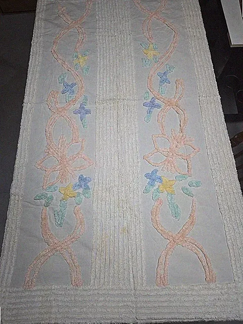 Vintage Chenille Baby Blanket Crib Pink Blue Yellow Flower 62”X40” FLAW