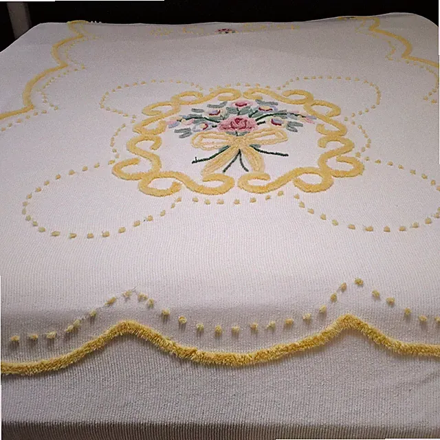 Vintage Chenille Bedspread Coverlet 60s Grannycore Yellow White Full Size Floral