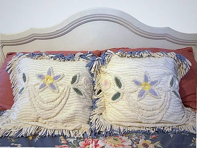 Vintage Chenille Cottagecore Fringe Throw Pillow Pair 20x20 Wayne Caron Shams