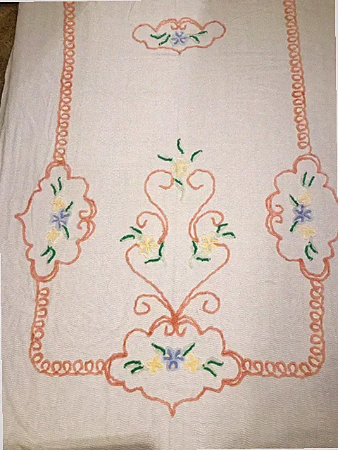 Vintage Chenille Queen bed Sheet Spread White Pink Yellow Blue Green 100 x 90