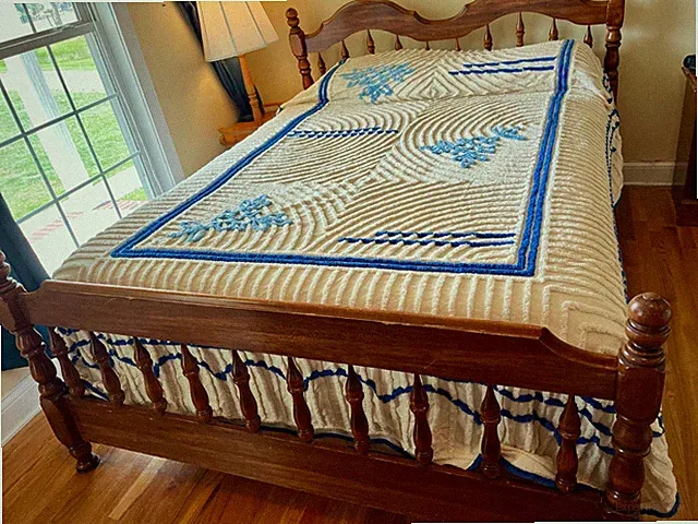 Vintage Ivory & Blue Chenille Bedspread With Floral Design For Full/Queen Bed