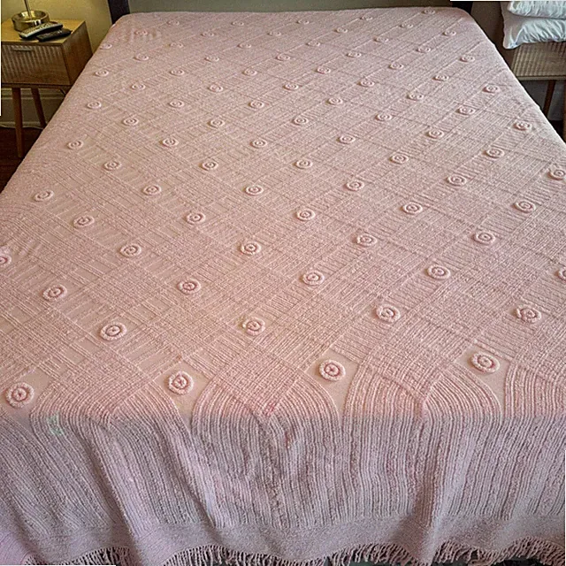 Vintage Pink Chenille Bedspread Fringed Tufted Geometric Cottagecore 93 x 99 MCM