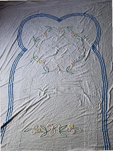 Vtg 70s Chenille Bed Sheet Topper Blue Floral Blanket Quilt Cotton Full Queen