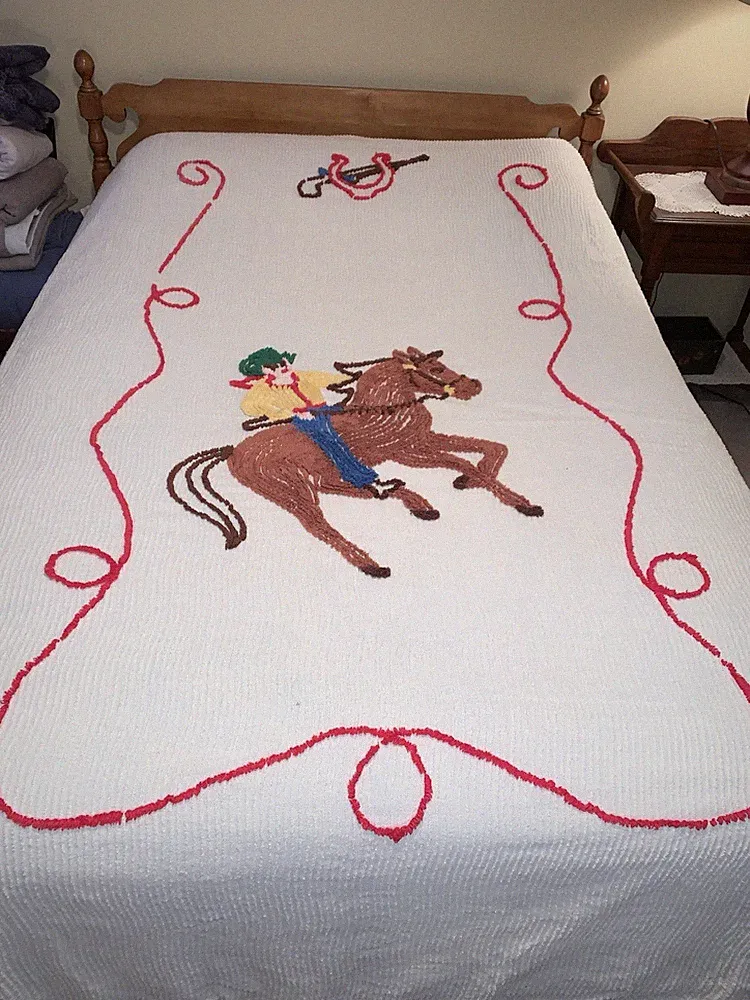 VTG Lightweight Chenille Western Cowboy Bedspread Twin Size Rodeo Penneys FAB!!!