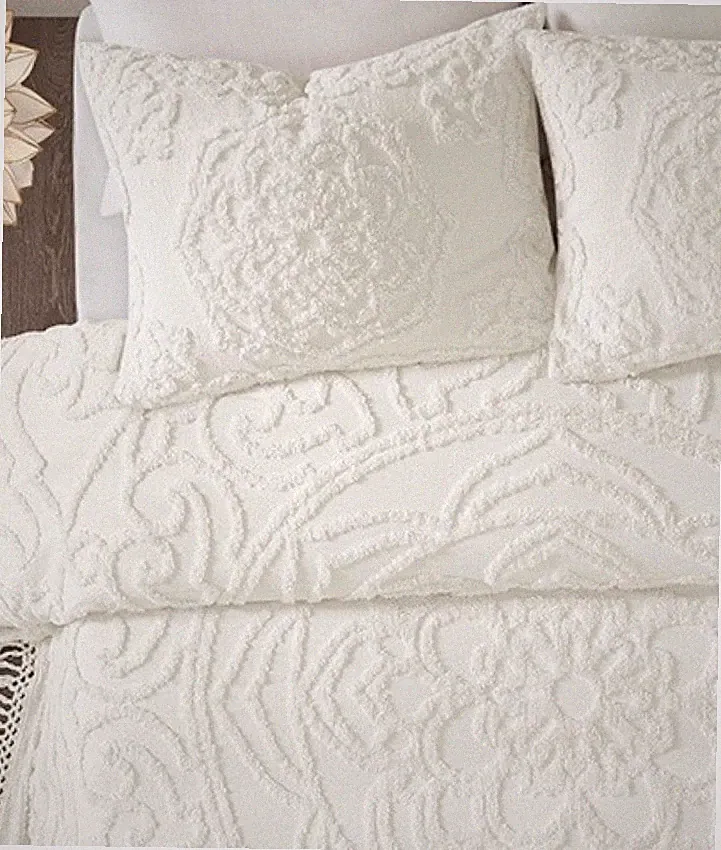 WHITE CHENILLE 3p Queen COVERLET SET : VINTAGE STYLE COTTON QUILT