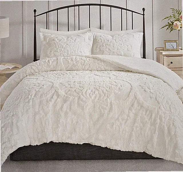 WHITE CHENILLE 3pc King COMFORTER SET : COTTAGE COTTON VINTAGE PLUSH